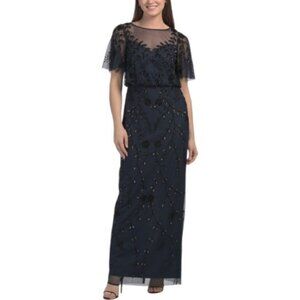 ADRIANNA PAPELL Flutter Sleeve Embroidered Gown